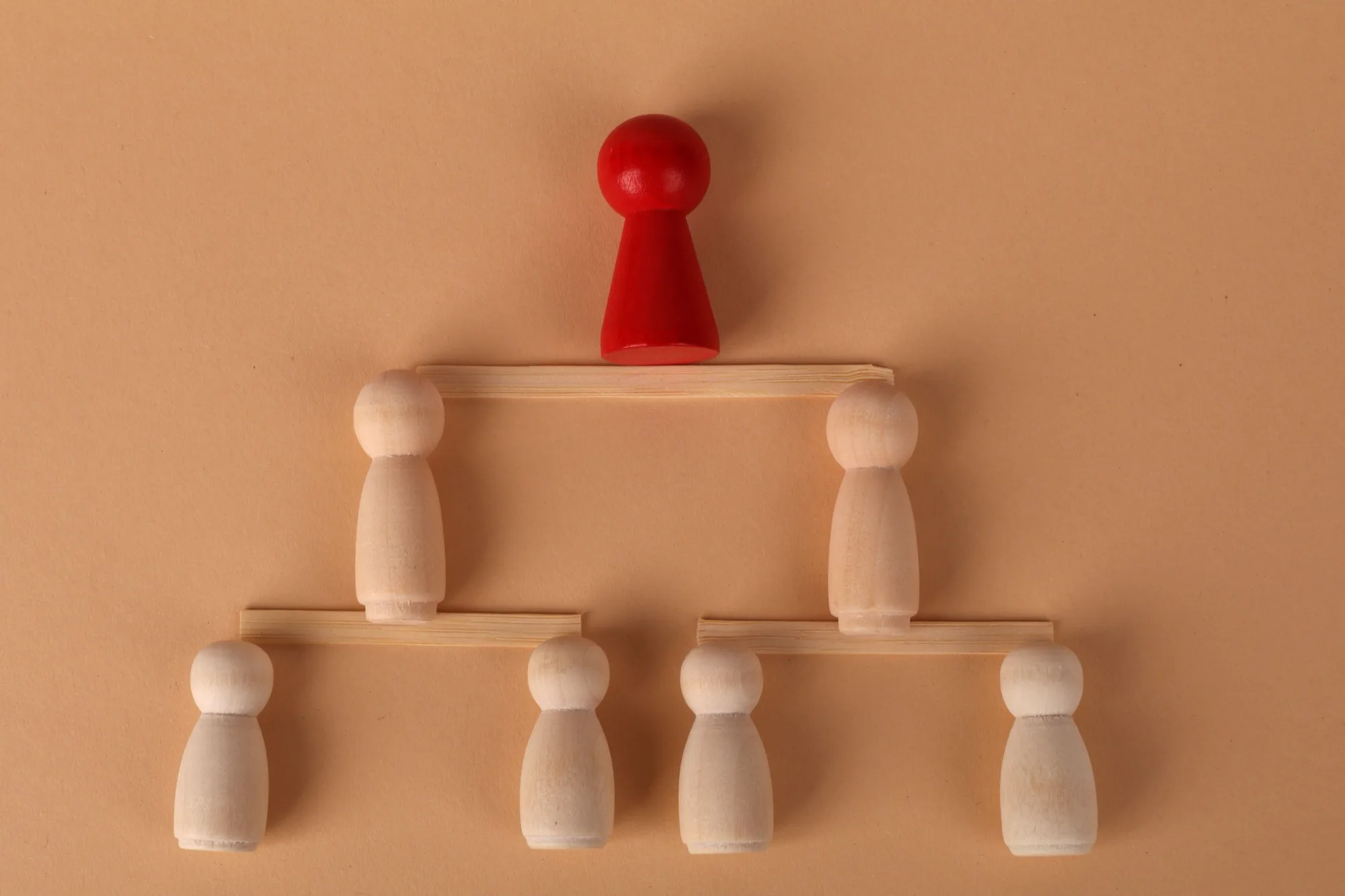 Wooden figures arranged as an organisation chart, one in red at the top