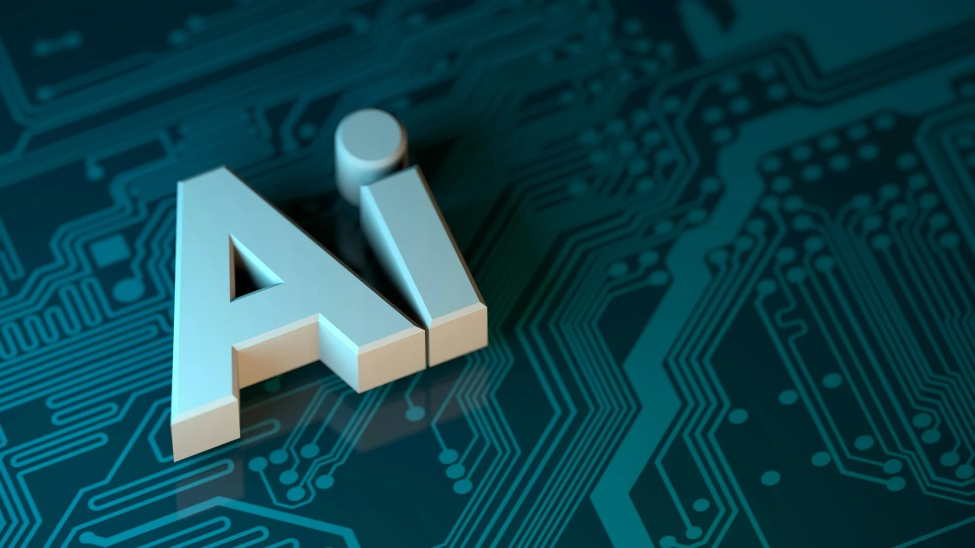 Illuminated AI lettering on a circuit board